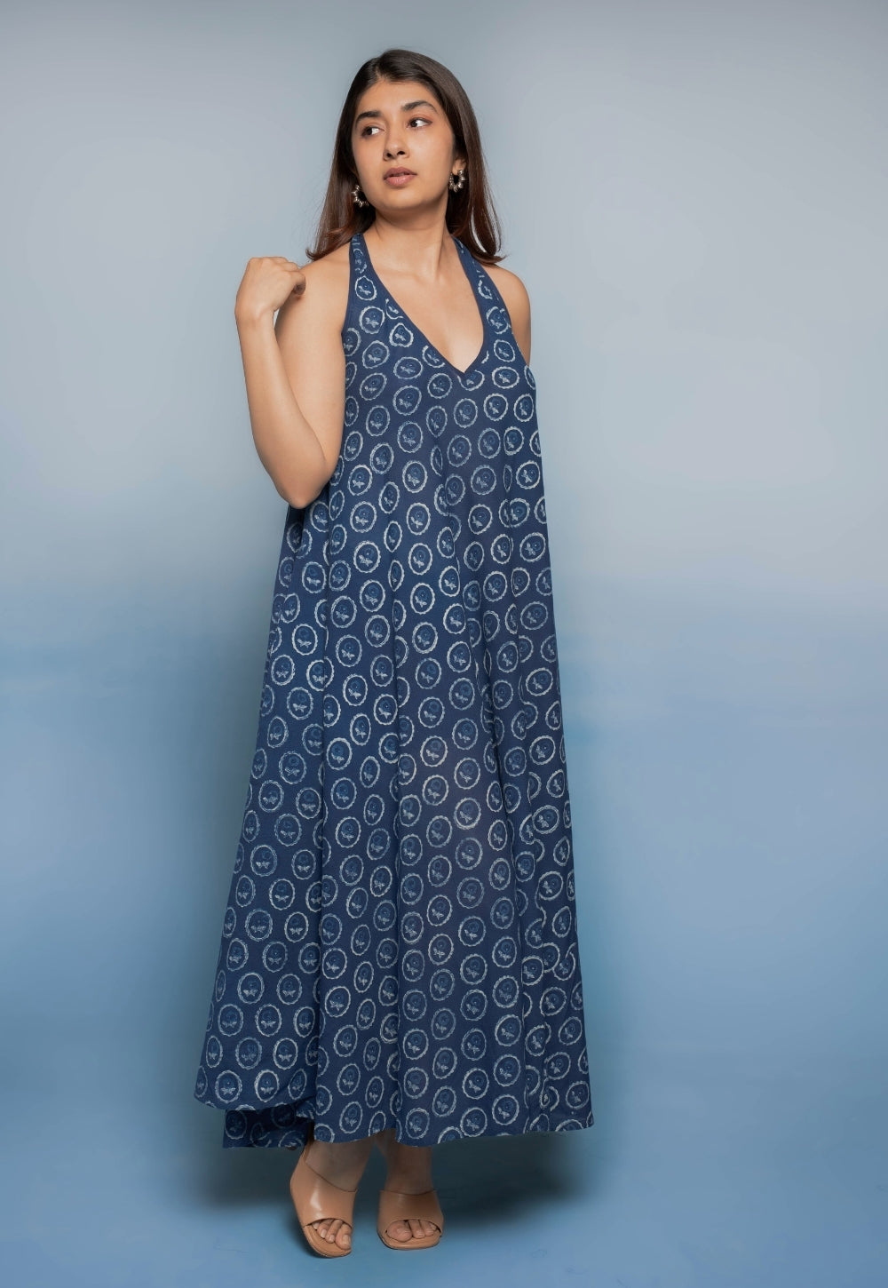 Tashi Blue Dabu Mul Cotton A Line Dress