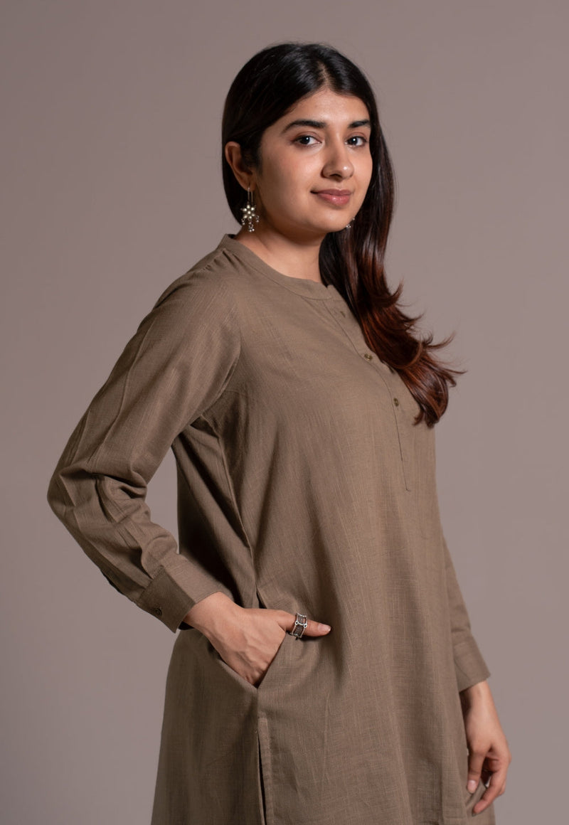 Khaki Grey Solid Slub Cotton Straight Co-Ord Set - DyeVerse