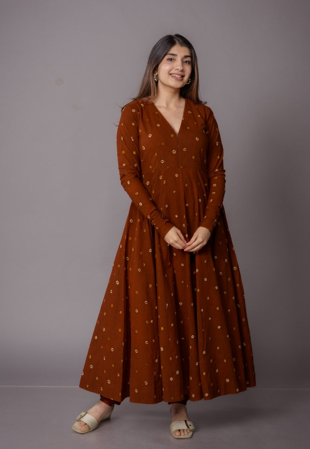 Amaya Brown Bandhani Cotton Kali Kurta with Embroidery