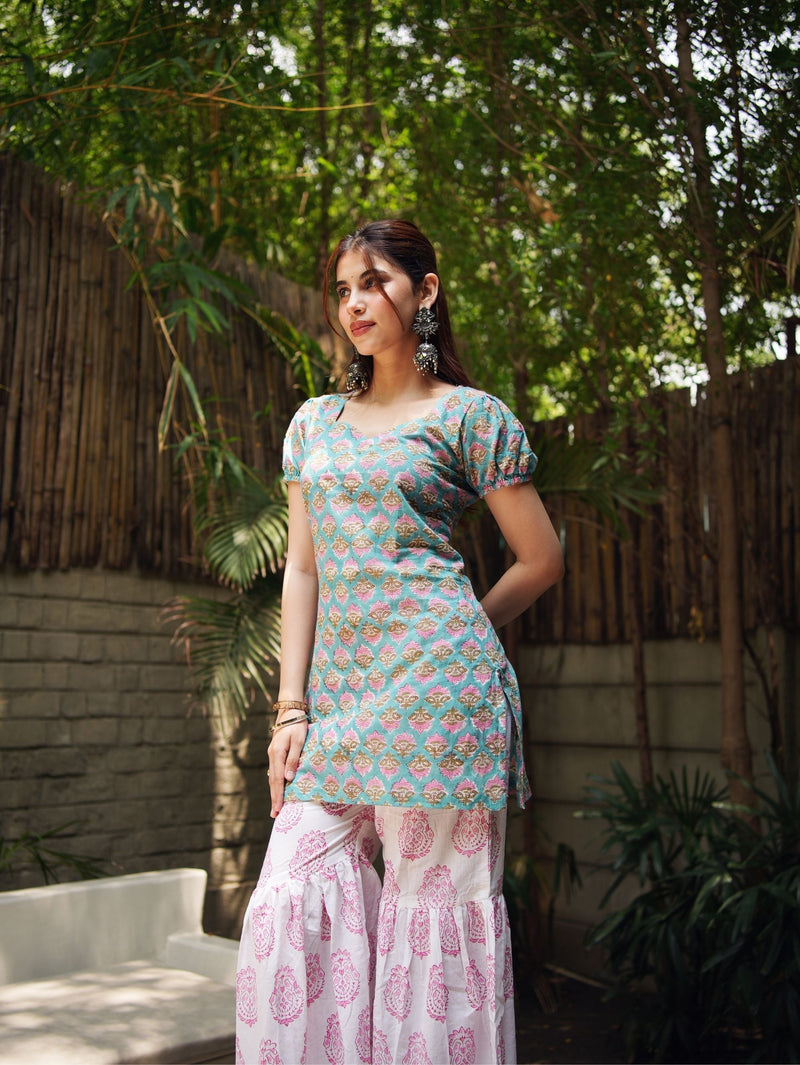 Mahi Handblock Cotton Sharara Set with Kota Doriya Dupatta for Women