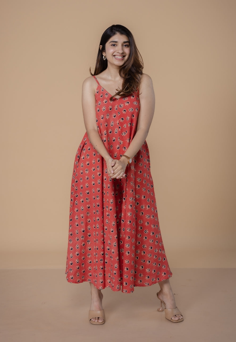 Sonam Orange Dabu Slub Cotton A Line Dress