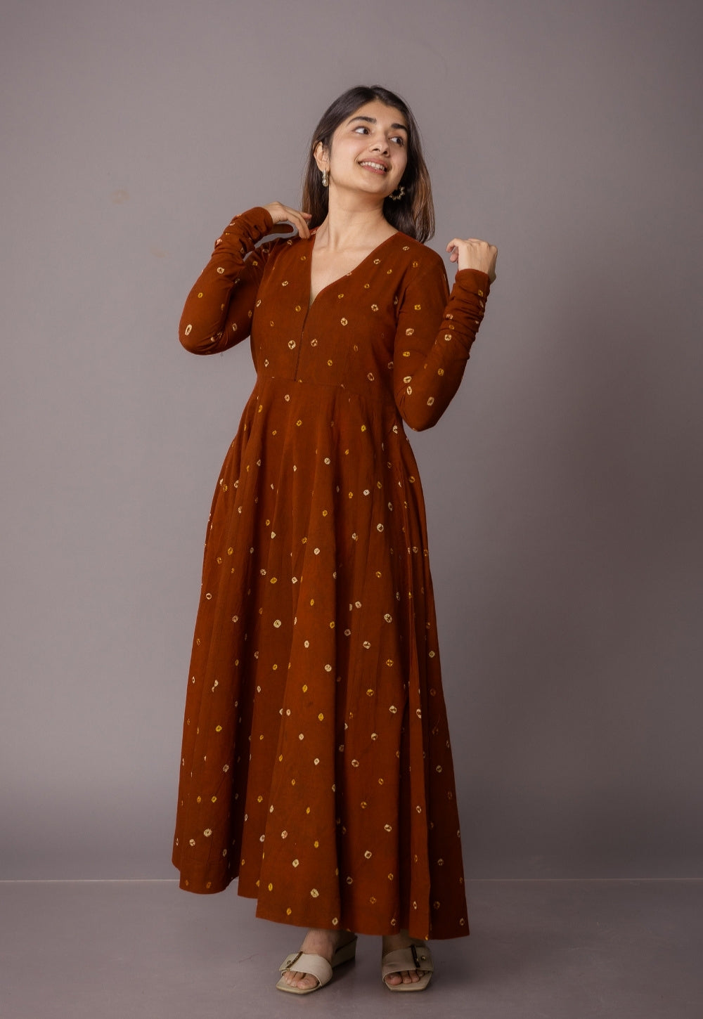 Amaya Brown Bandhani Cotton Kali Kurta with Embroidery