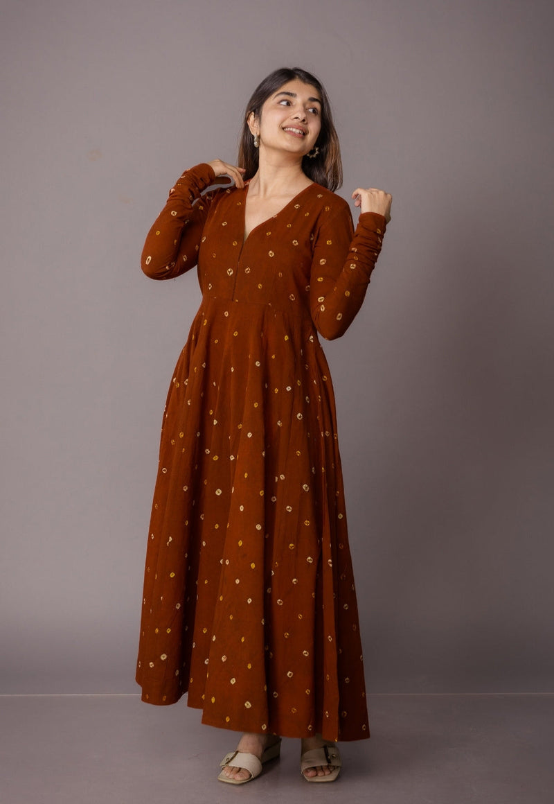 Amaya Brown Bandhani Cotton Kali Kurta with Embroidery