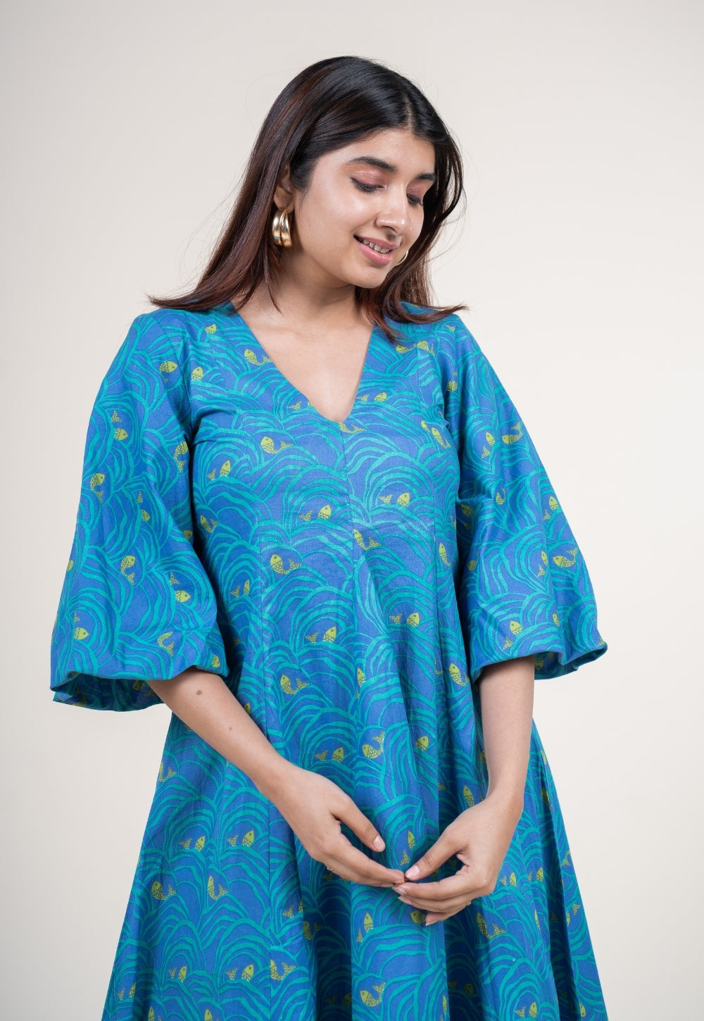 Tanisha Ink Blue Printed Cotton A Line Dress