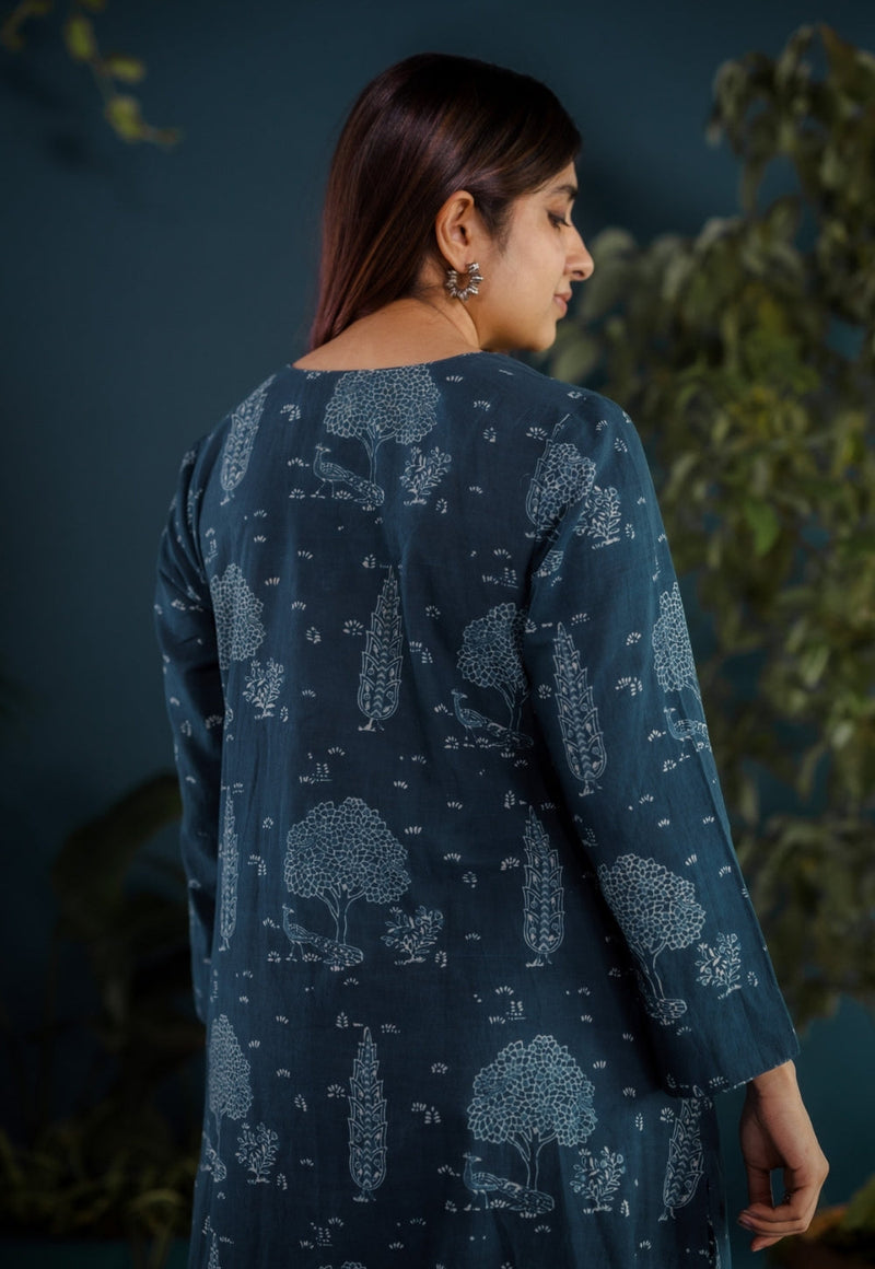 Zoohi Blue Ajrakh Cotton A Line Kurta