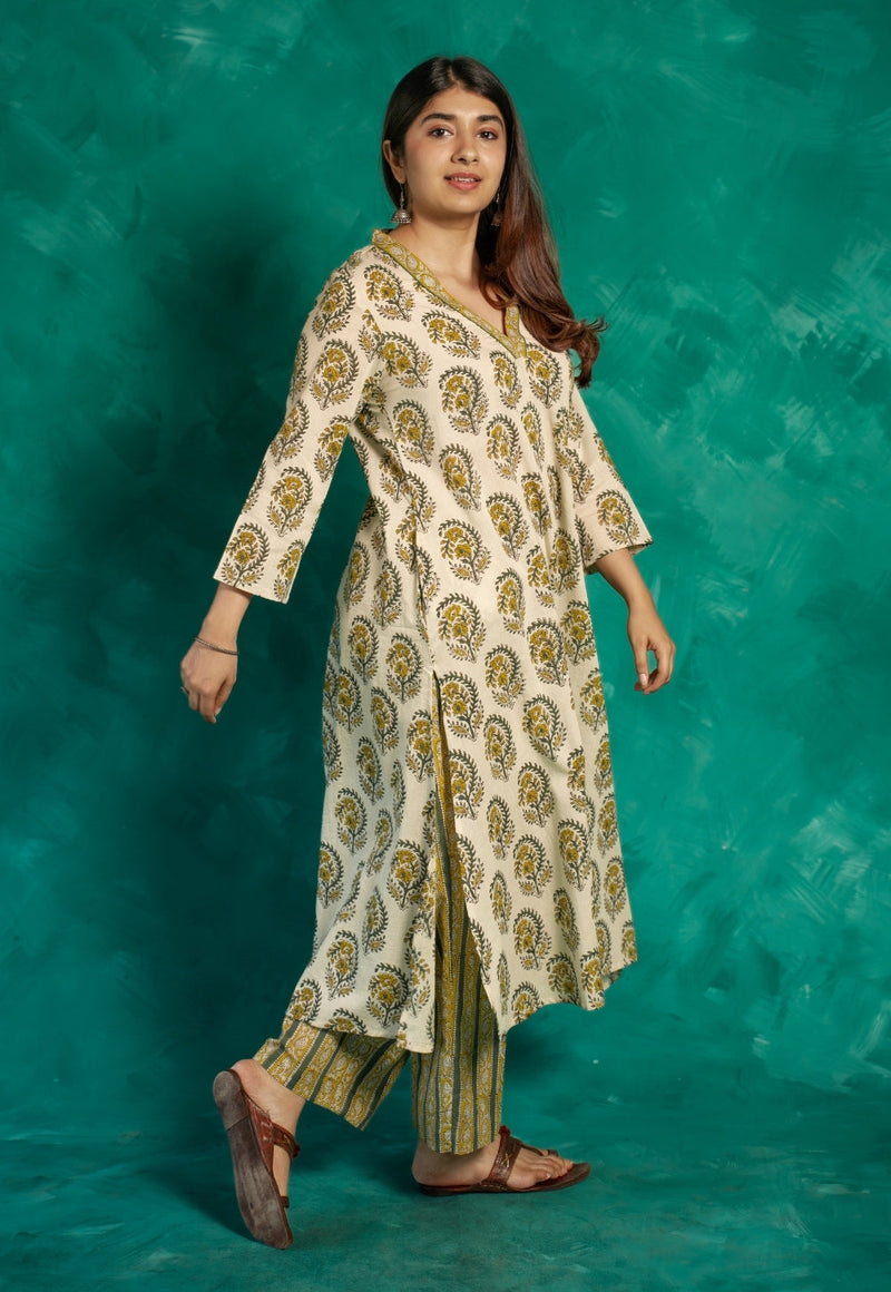 Vinita Yellow Bagru Cotton A Line Kurta
