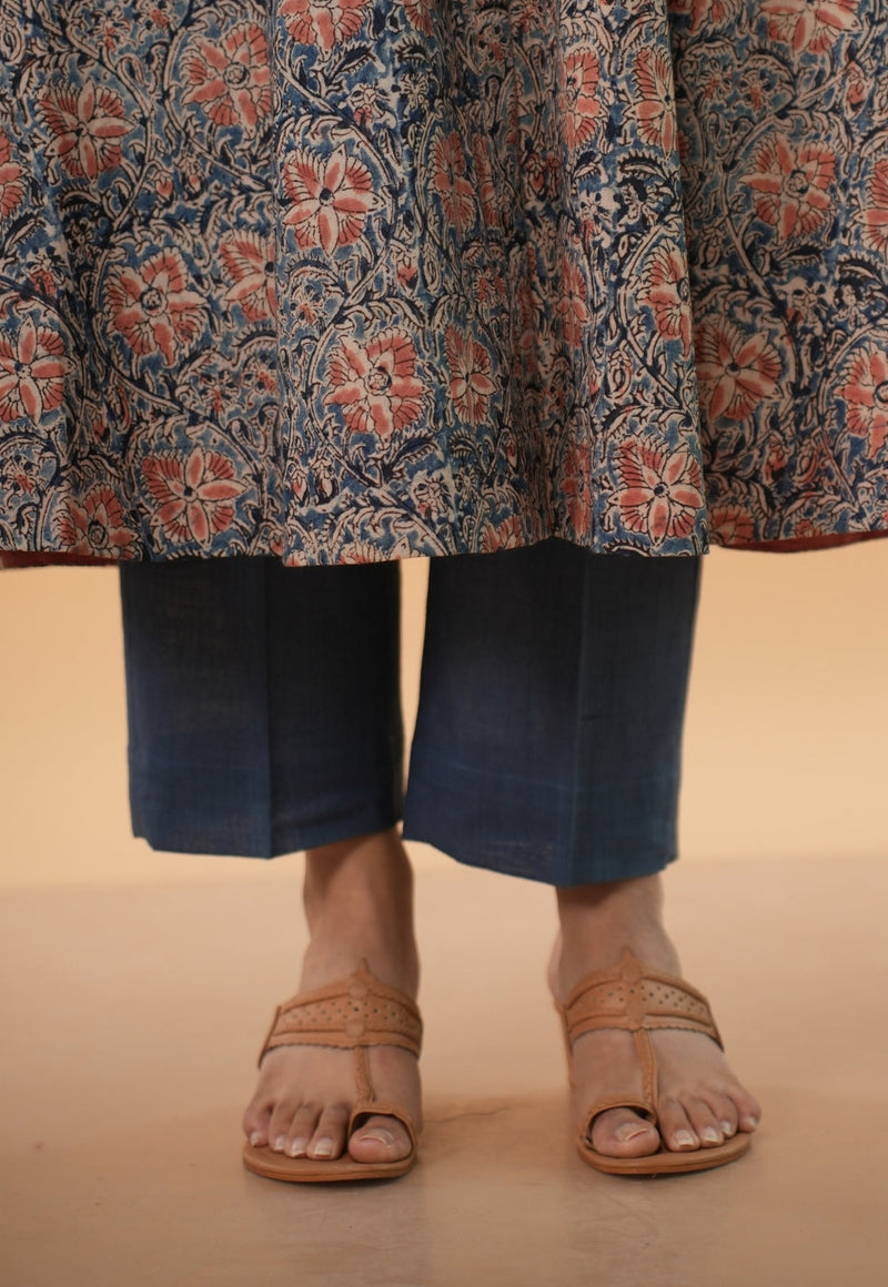 Prita Blue Solid Slub Cotton Narrow Pant