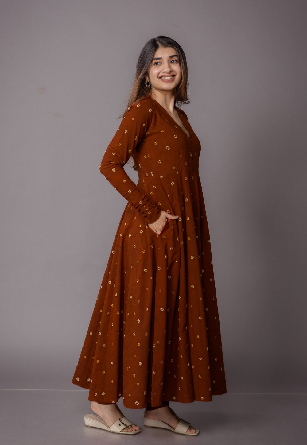 Amaya Brown Bandhani Cotton Kali Kurta with Embroidery