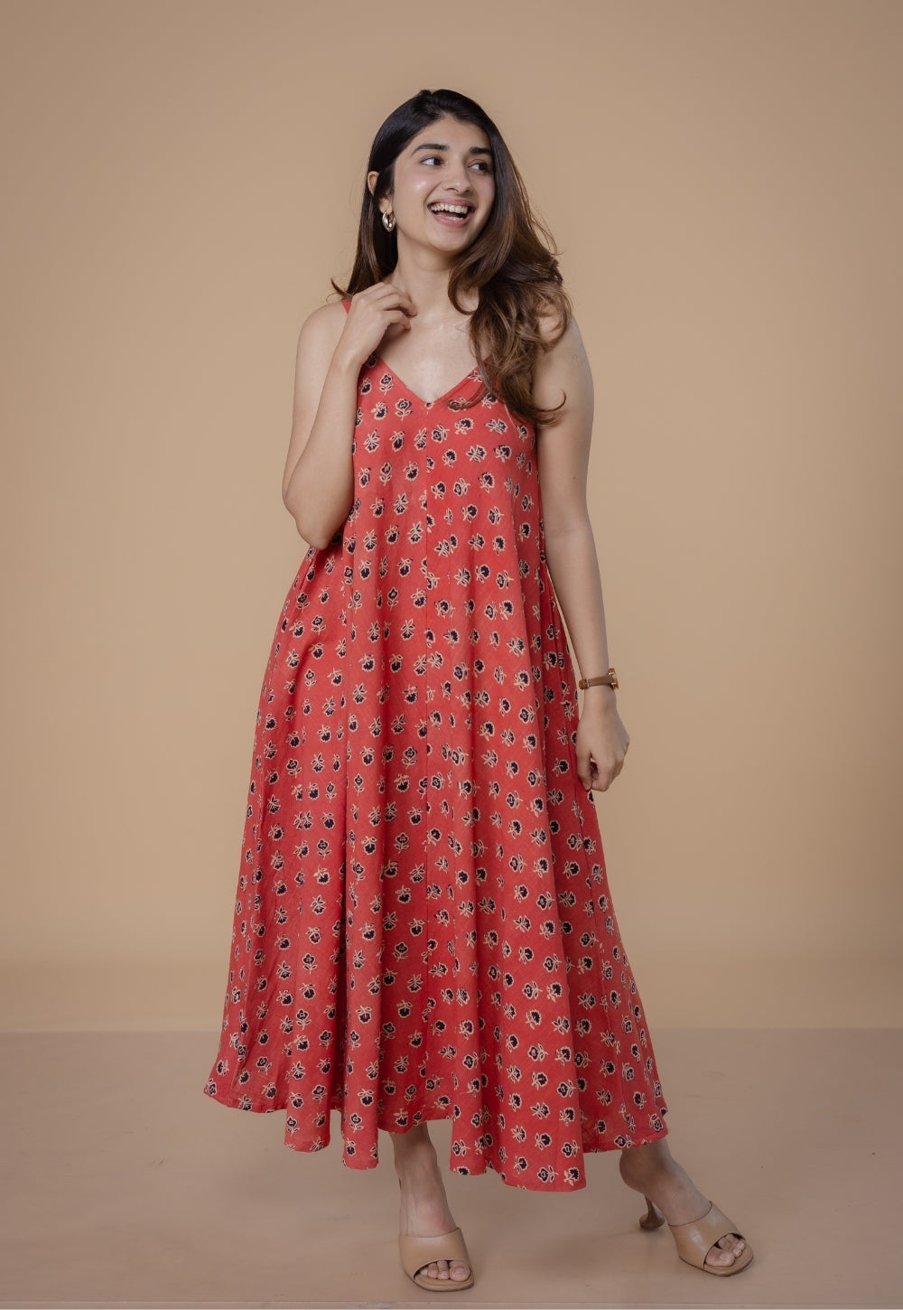 Sonam Orange Dabu Slub Cotton A Line Dress