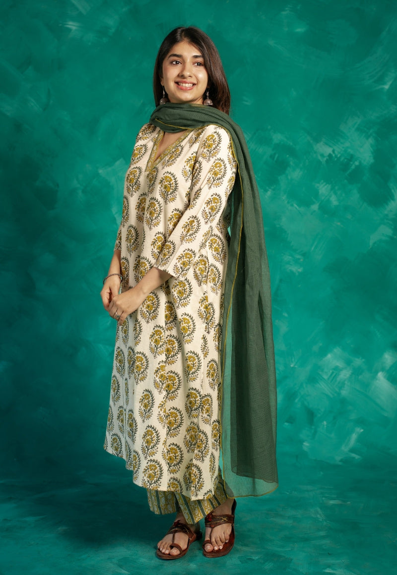 Vinita Yellow Bagru Cotton A Line Kurta