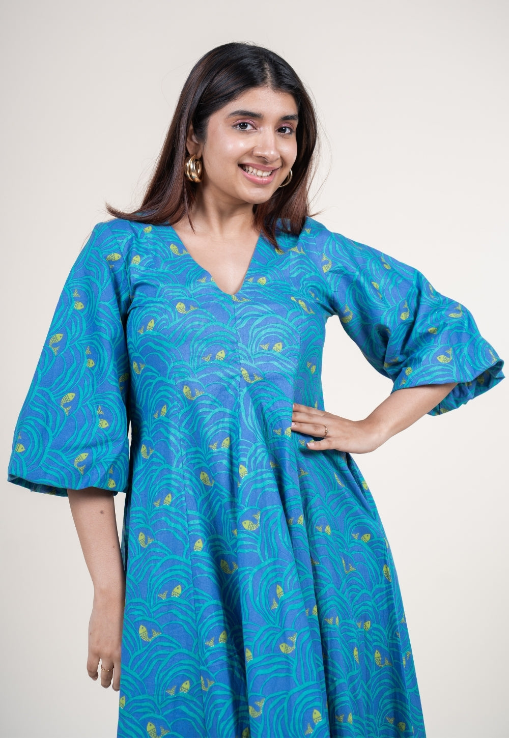 Tanisha Ink Blue Printed Cotton A Line Dress