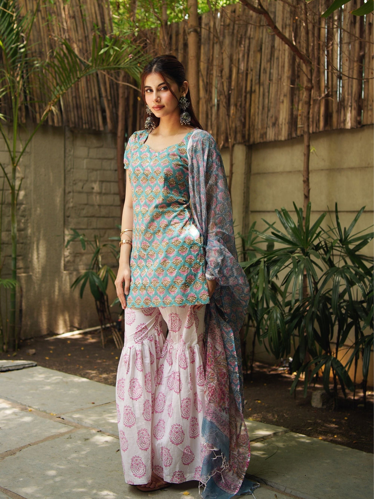 Mahi Handblock Cotton Sharara Set with Kota Doriya Dupatta for Women