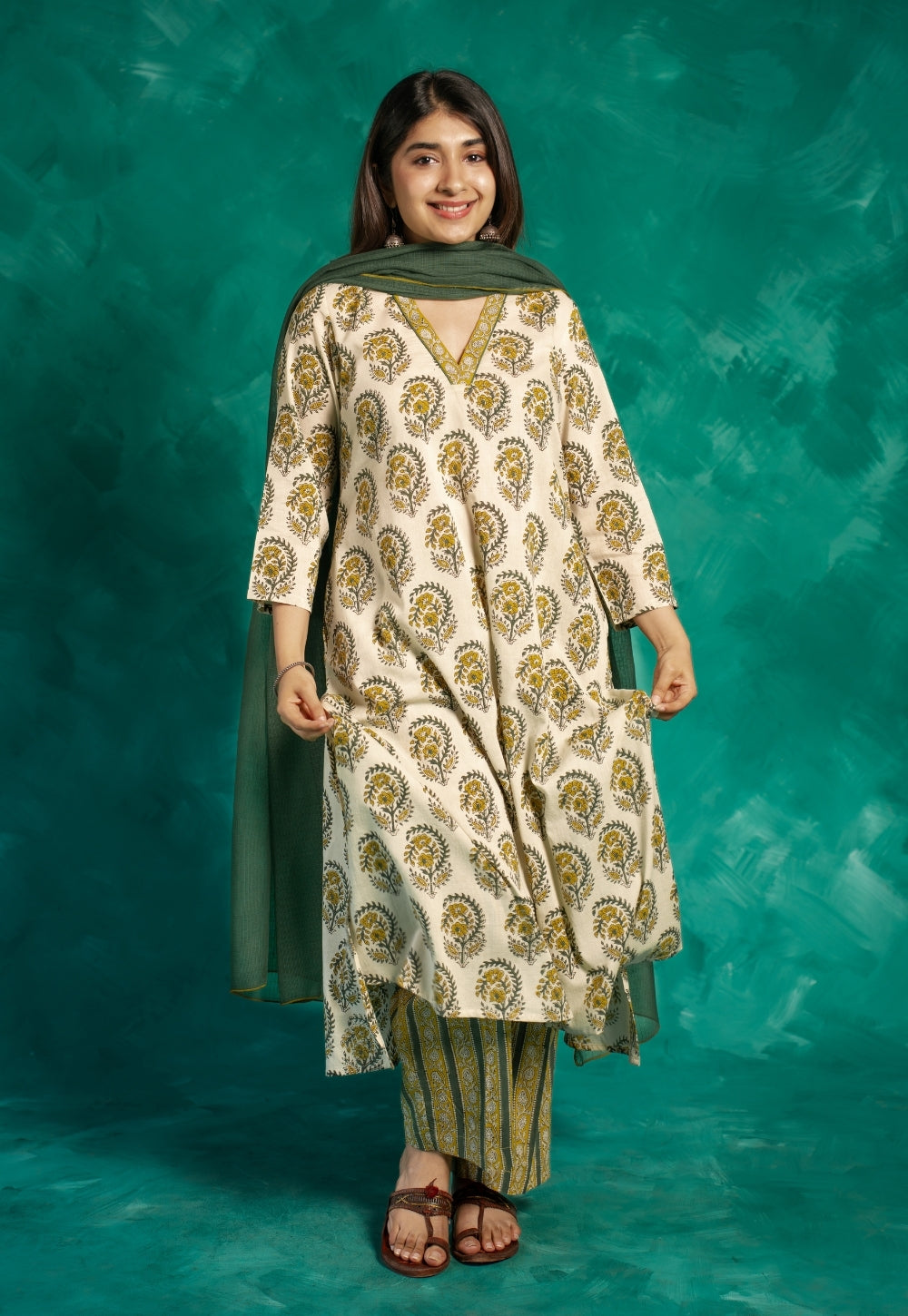 Vinita Yellow Bagru Cotton A Line Kurta