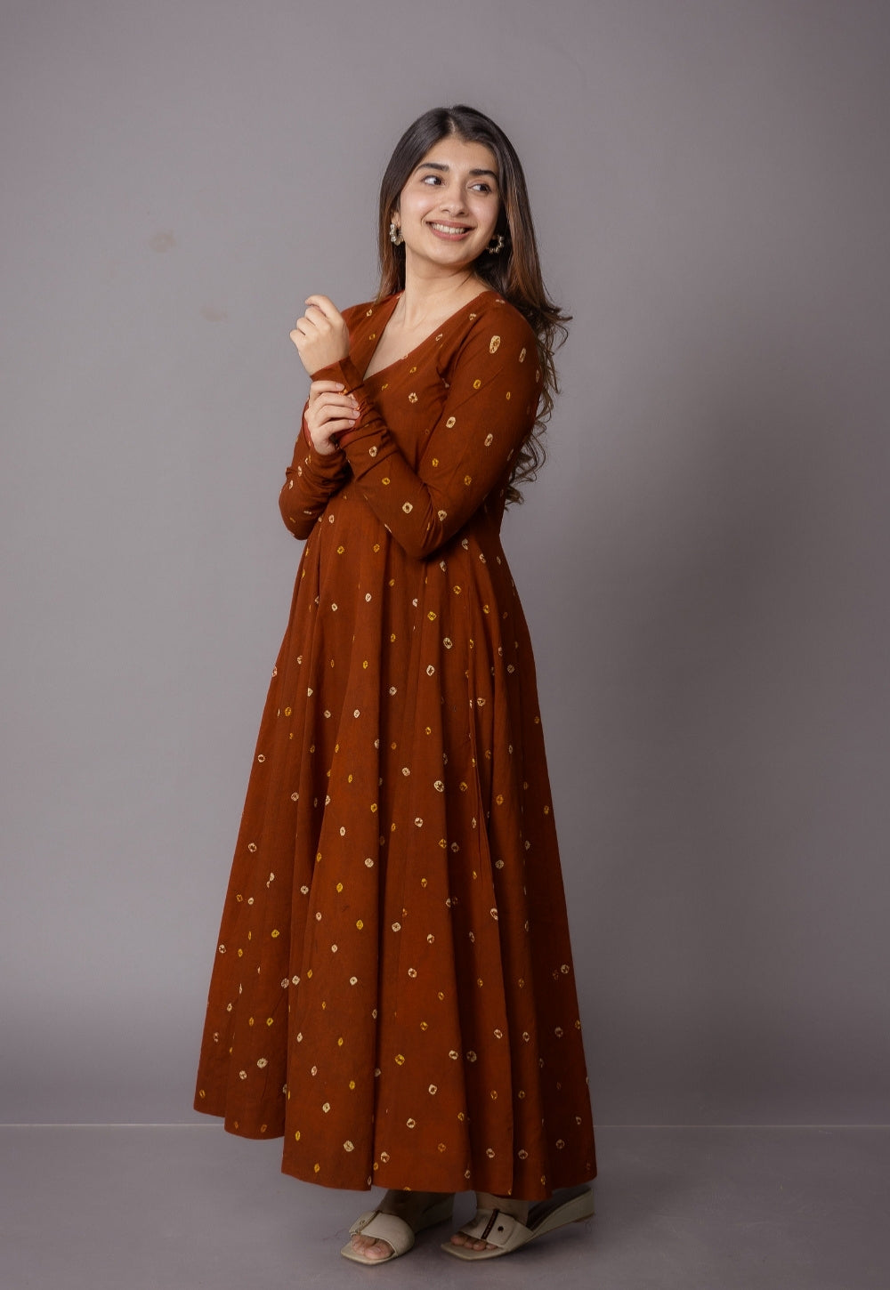 Amaya Brown Bandhani Cotton Kali Kurta with Embroidery