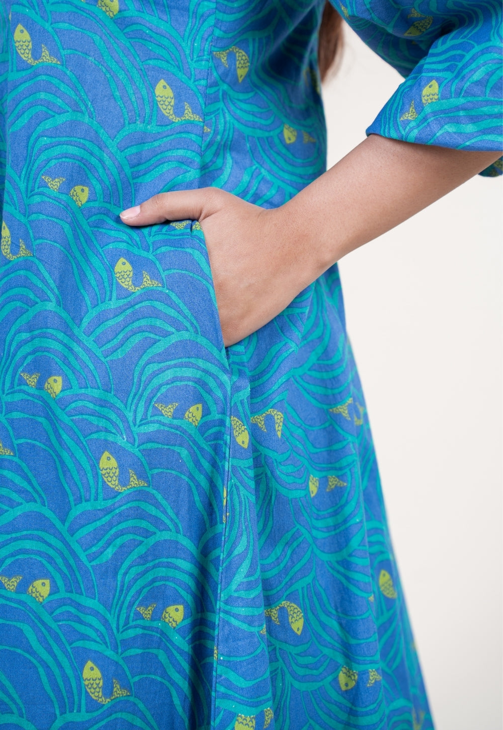 Tanisha Ink Blue Printed Cotton A Line Dress