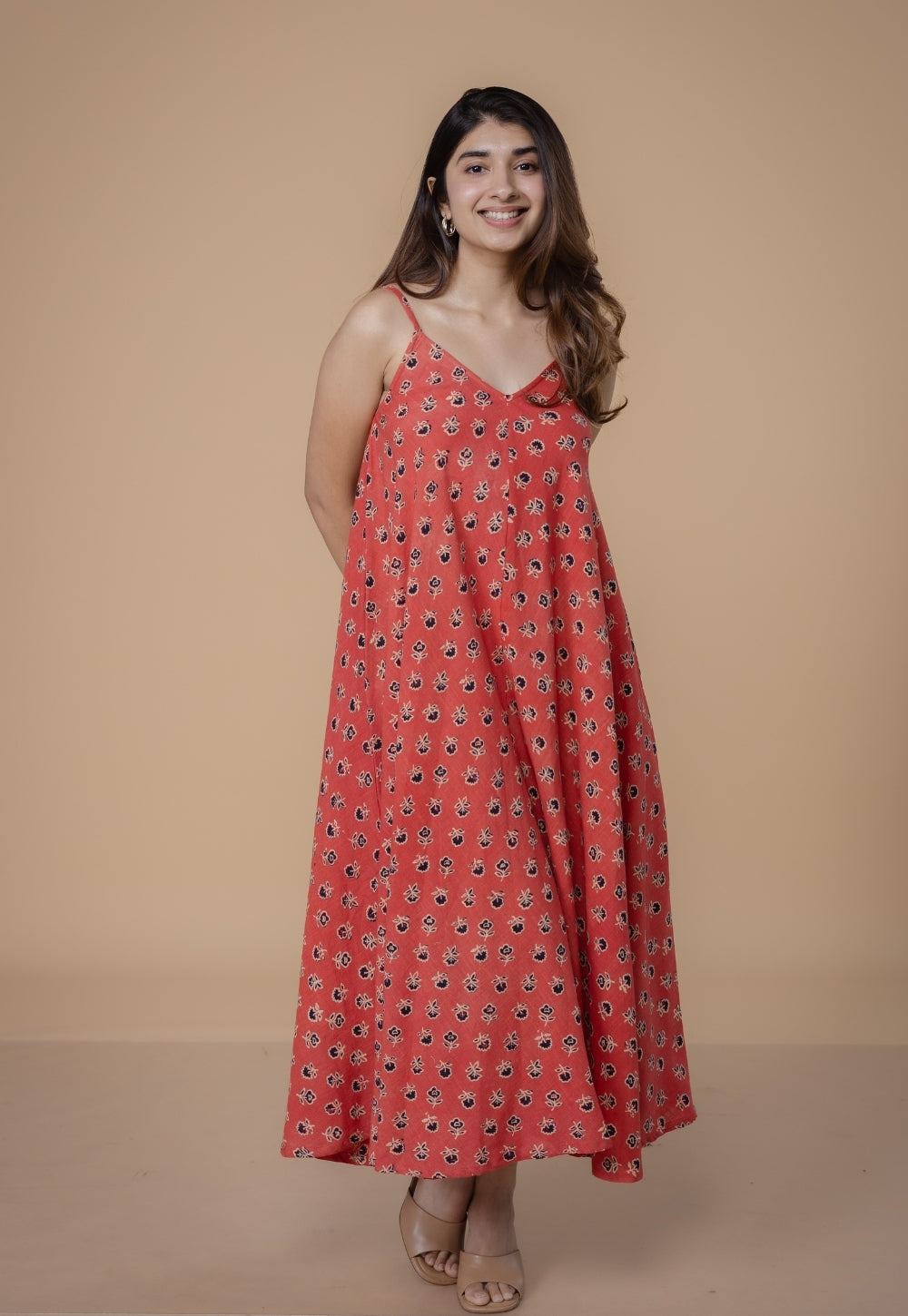 Sonam Orange Dabu Slub Cotton A Line Dress