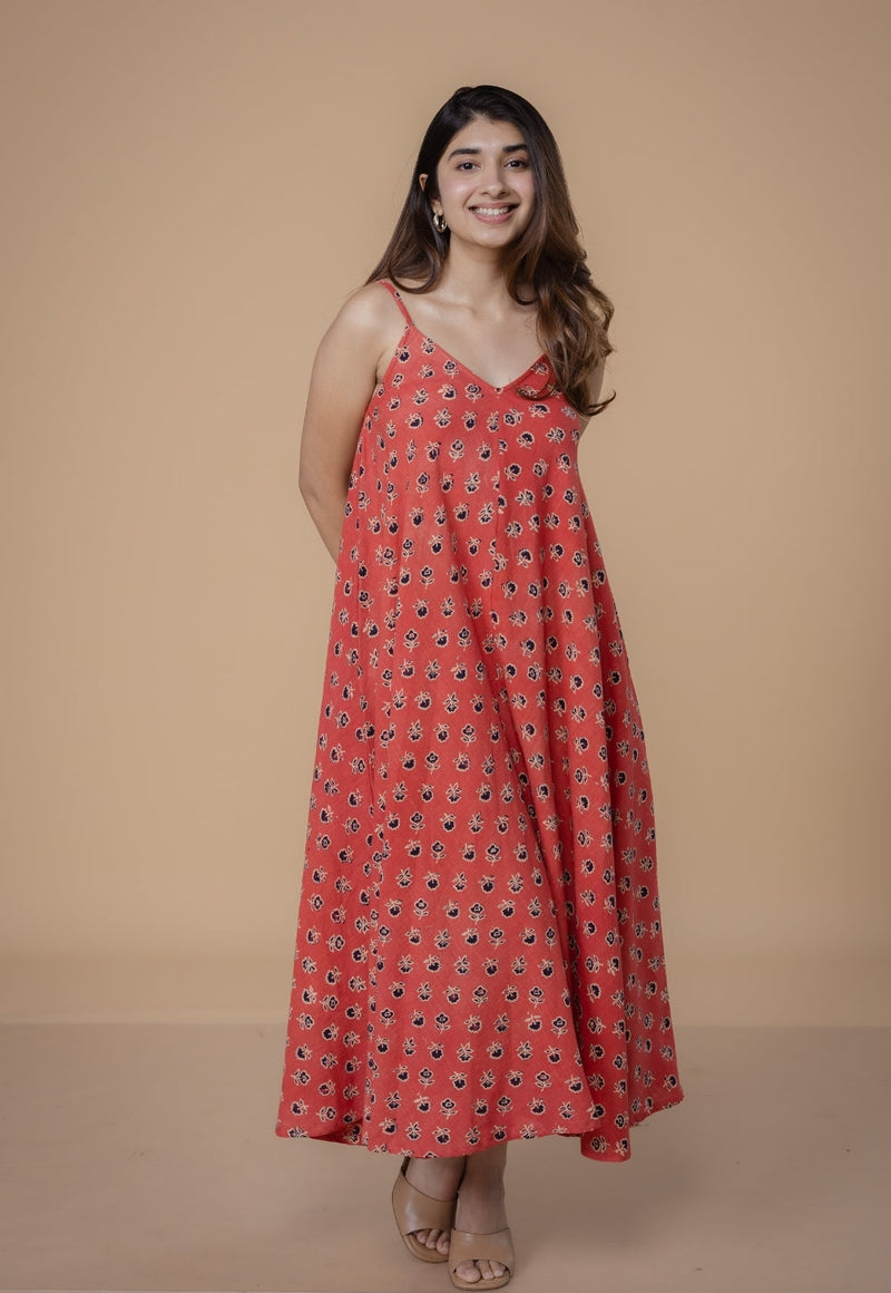 Sonam Orange Dabu Slub Cotton A Line Dress