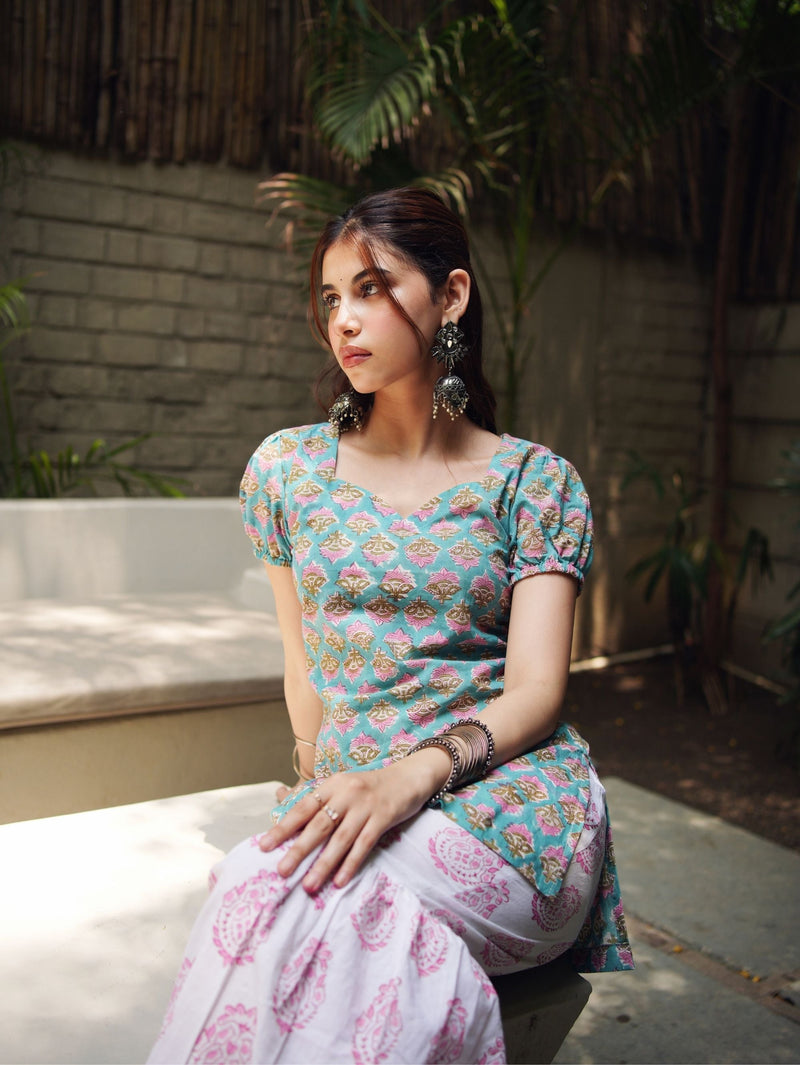 Mahi Handblock Cotton Sharara Set with Kota Doriya Dupatta for Women