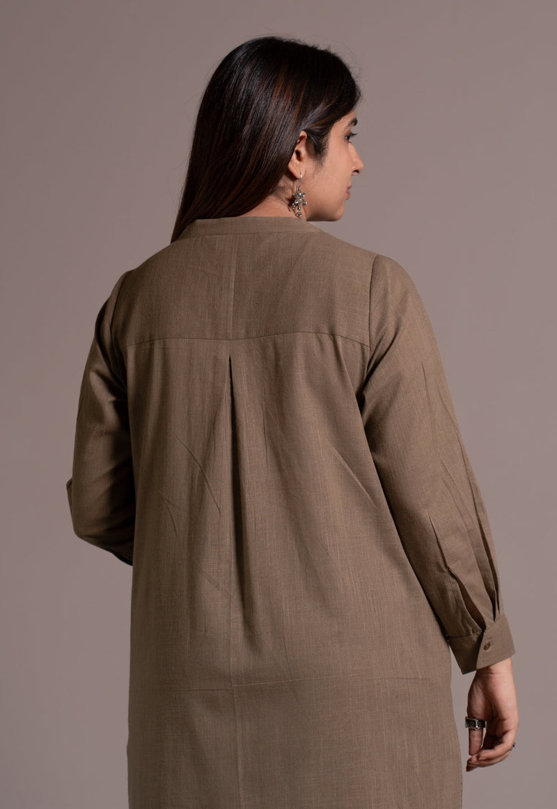 Khaki Grey Solid Slub Cotton Straight Co-Ord Set - DyeVerse