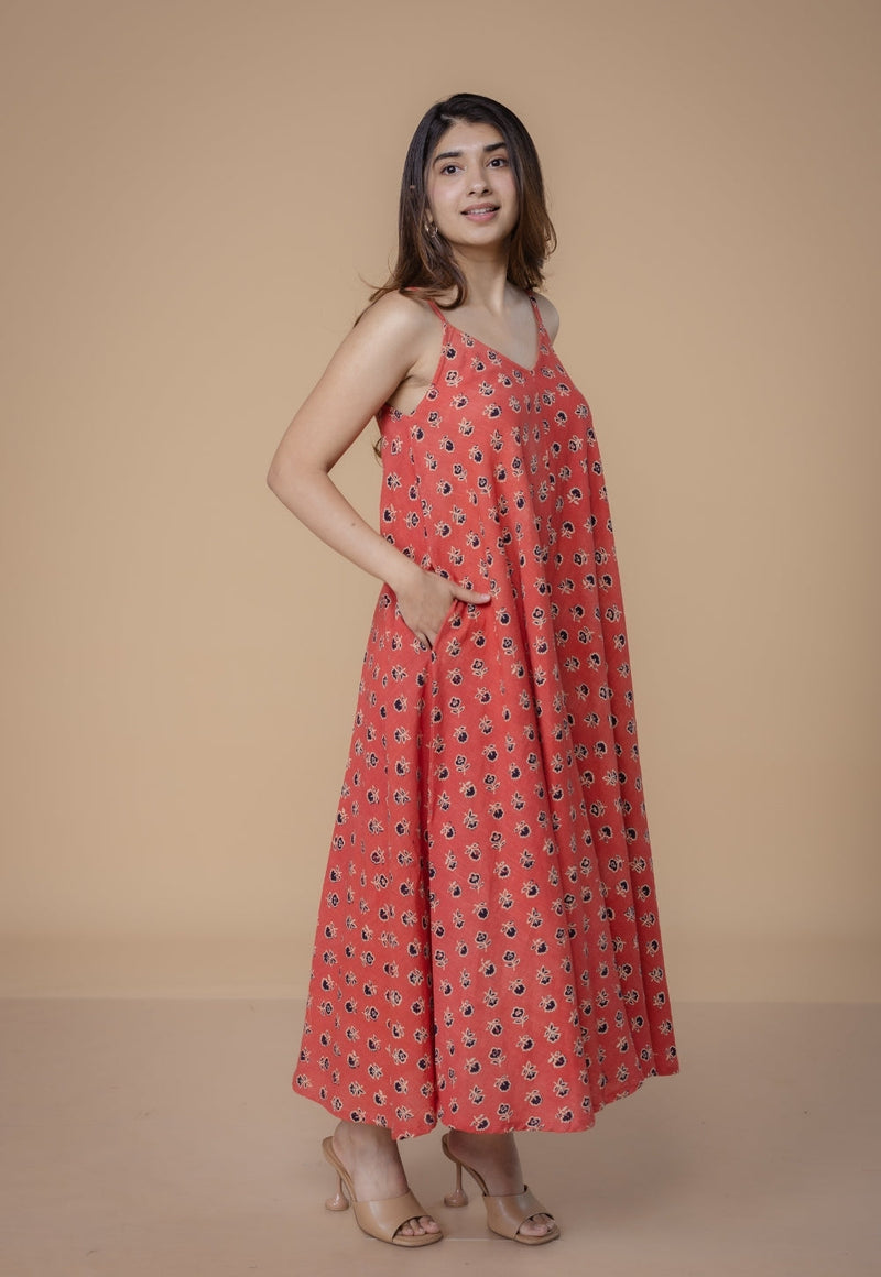 Sonam Orange Dabu Slub Cotton A Line Dress
