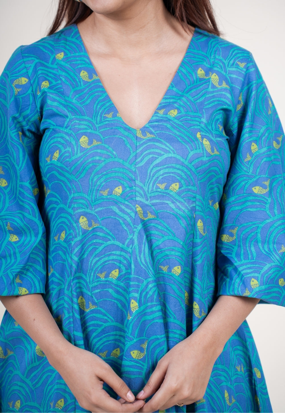 Tanisha Ink Blue Printed Cotton A Line Dress