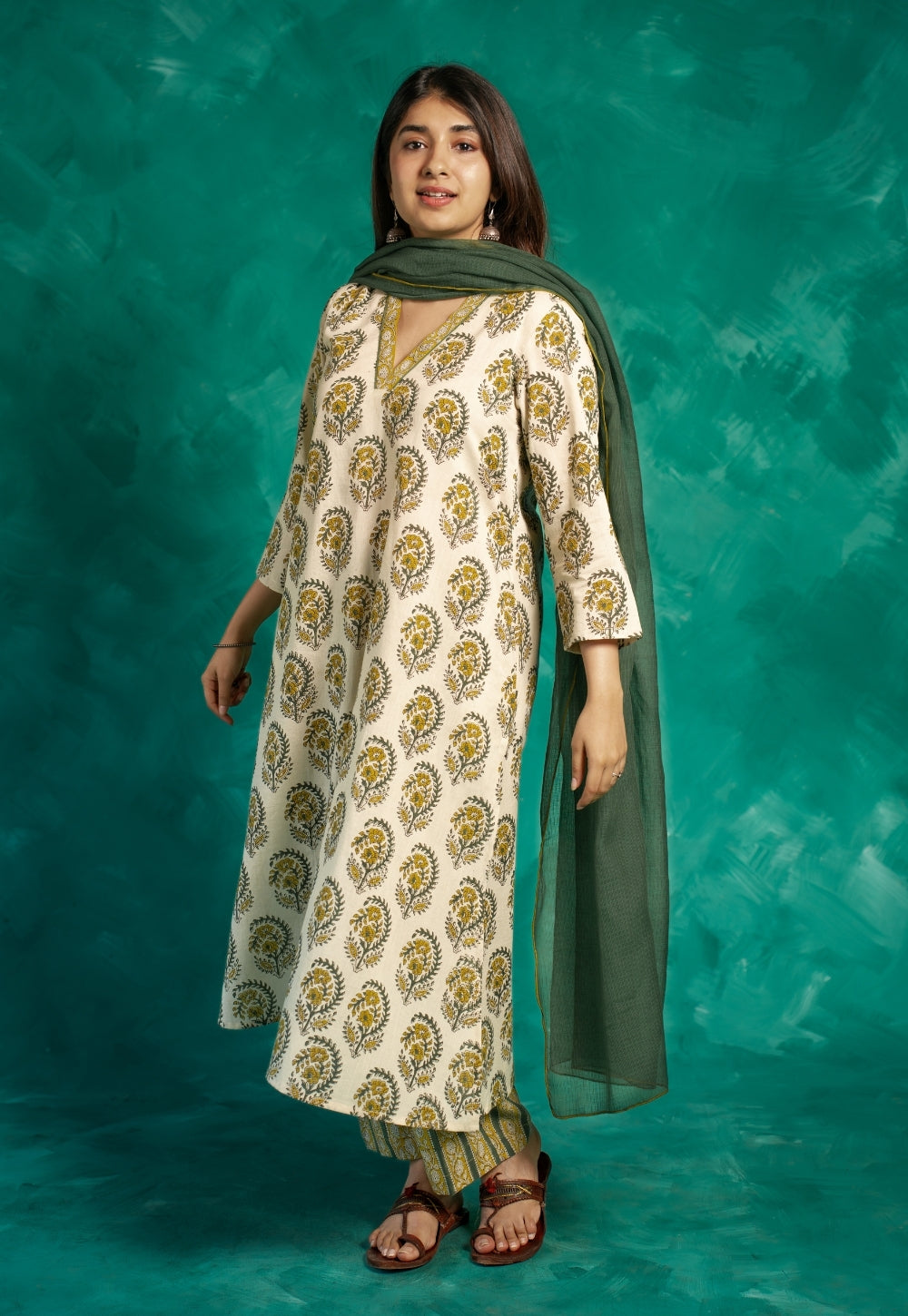 Vinita Yellow Bagru Cotton A Line Kurta