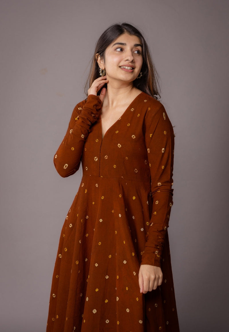 Amaya Brown Bandhani Cotton Kali Kurta with Embroidery