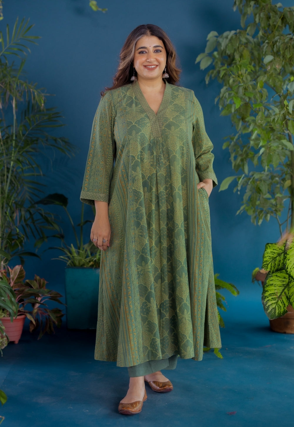 Ketki Green Ajrakh Cotton Kali Kurta