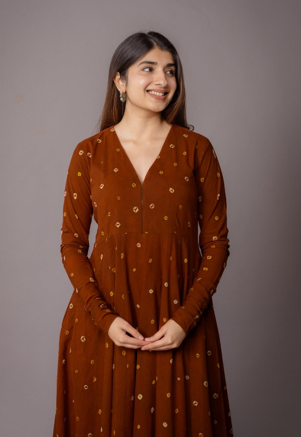 Amaya Brown Bandhani Cotton Kali Kurta with Embroidery