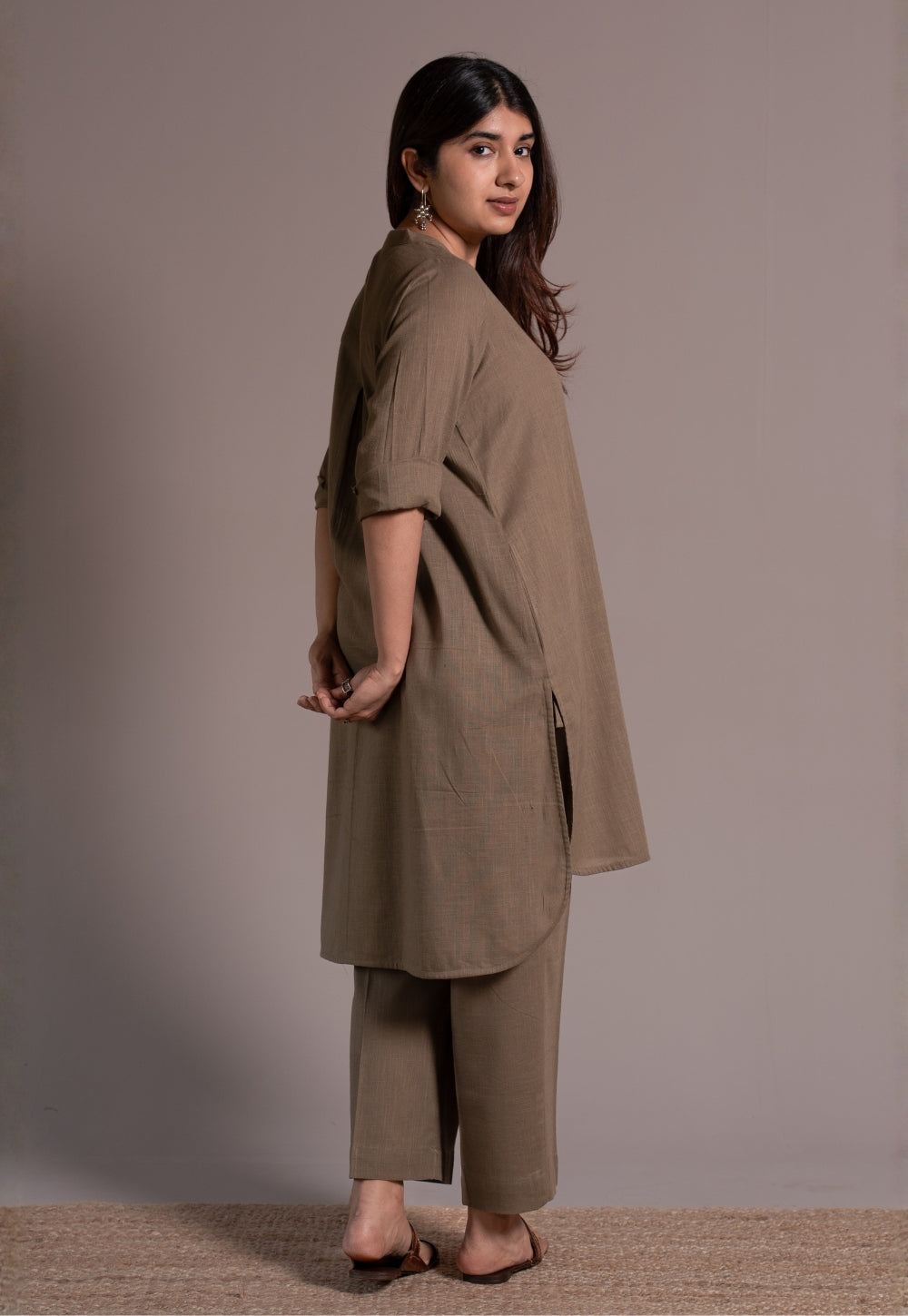 Khaki Grey Solid Slub Cotton Straight Co-Ord Set - DyeVerse