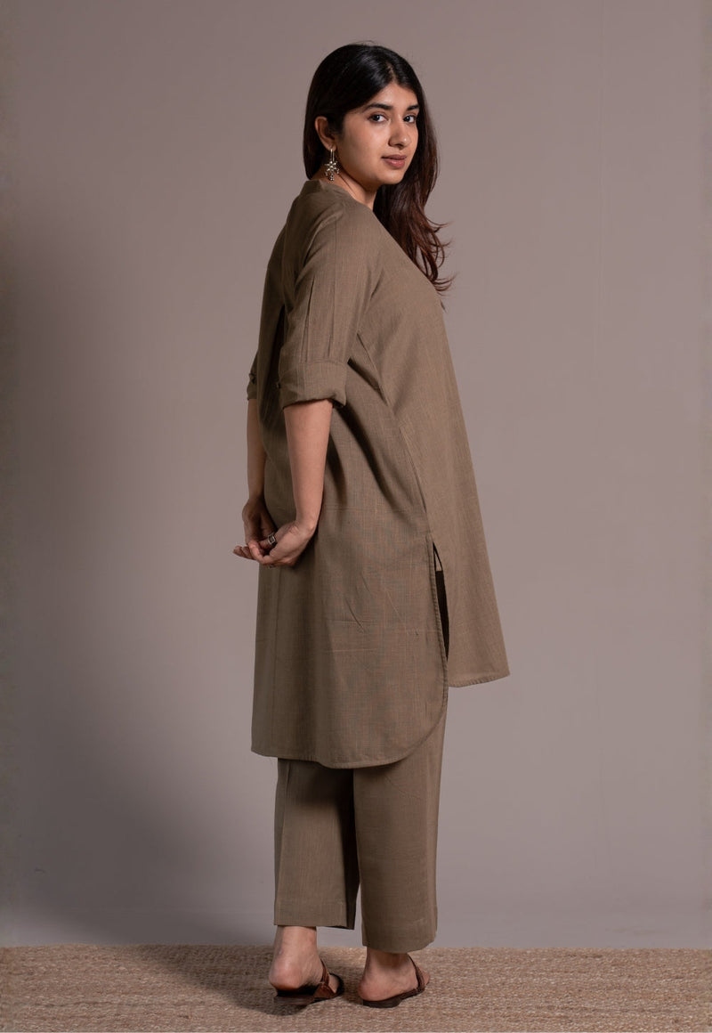 Khaki Grey Solid Slub Cotton Straight Co-Ord Set - DyeVerse