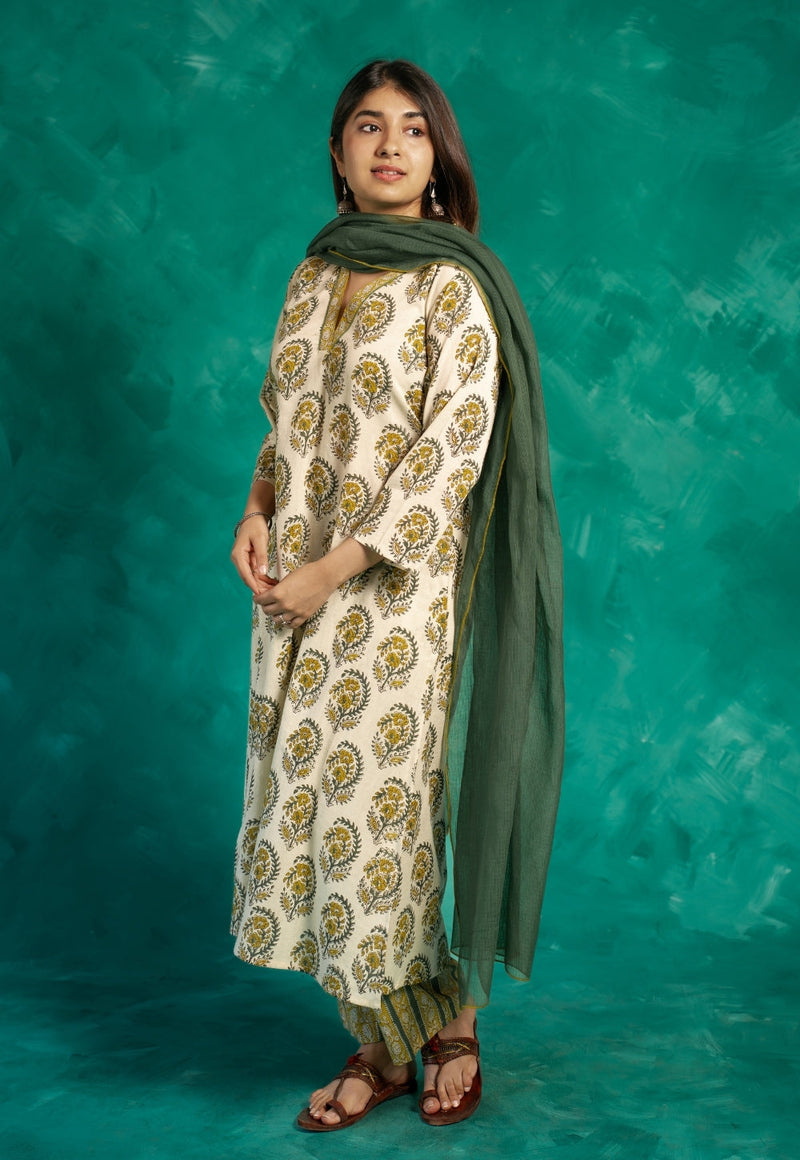Vinita Yellow Bagru Cotton A Line Kurta