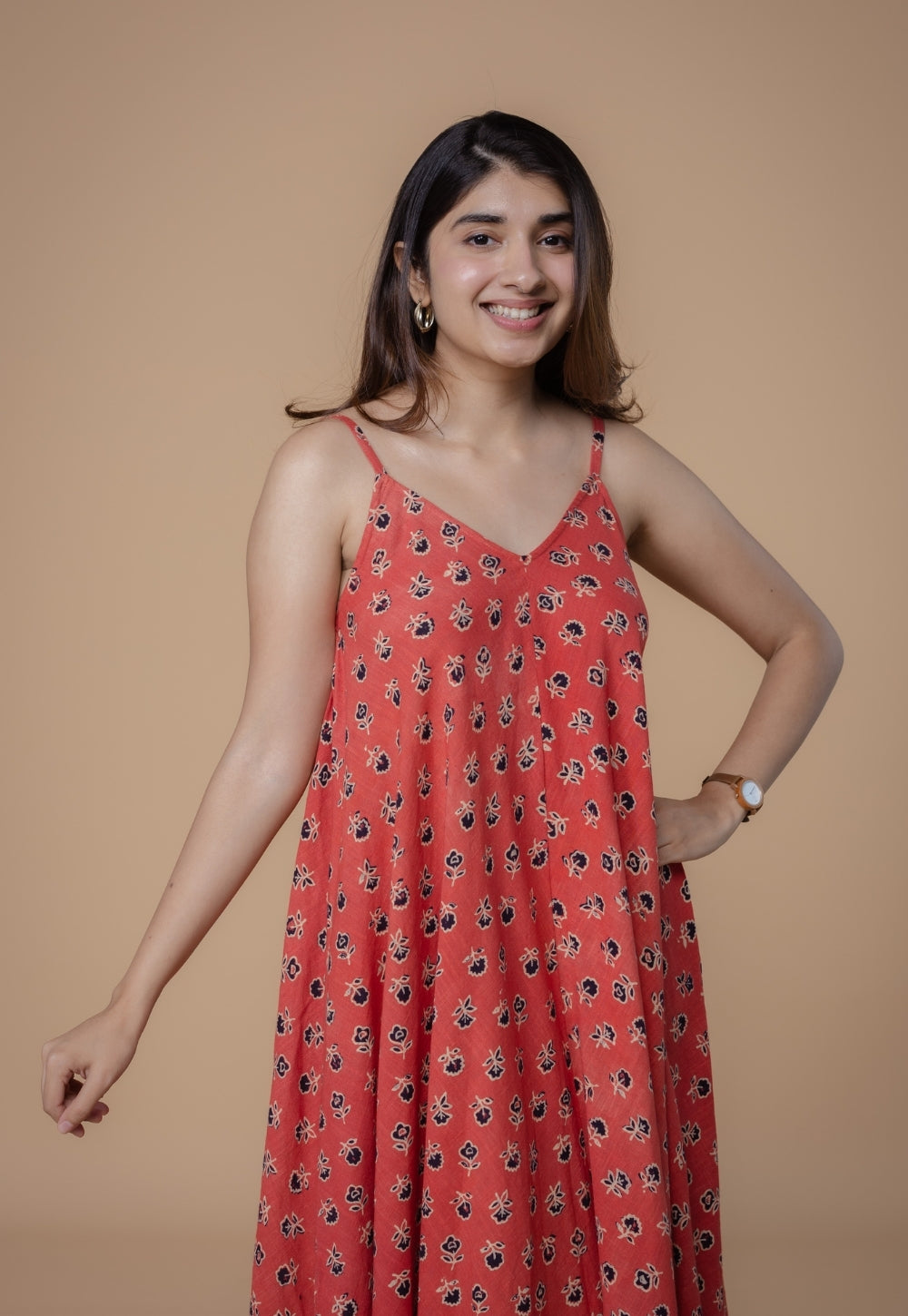 Sonam Orange Dabu Slub Cotton A Line Dress