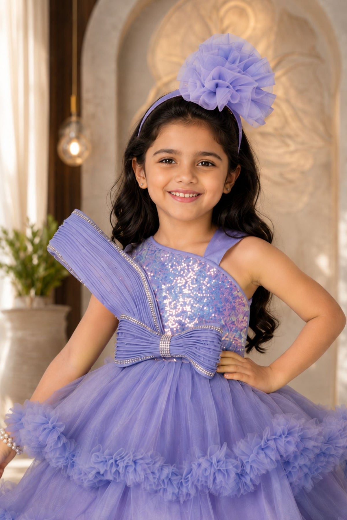 Lavender Party Wear Frock with Sequin Bodice & Ruffled Hemline For Girls
