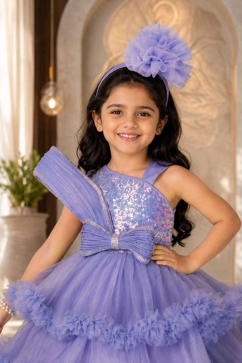 Lavender Party Wear Frock with Sequin Bodice & Ruffled Hemline For Girls
