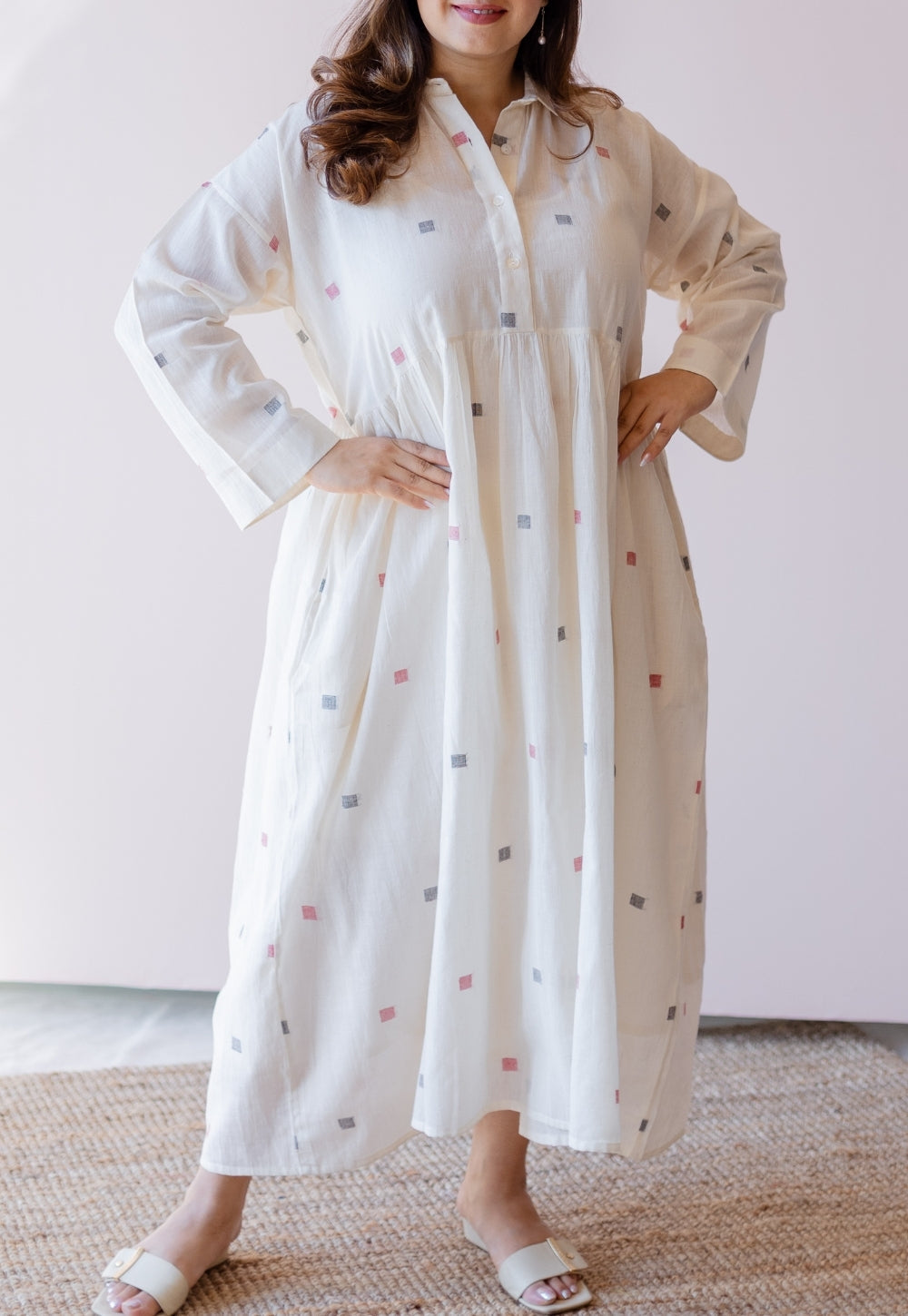 Rhea Off White Jamdani Handloom Cotton A Line Dress