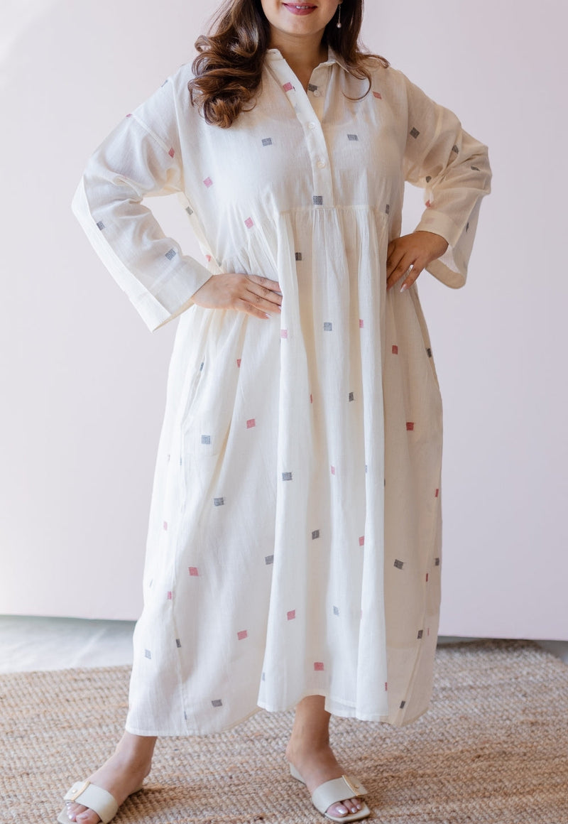Rhea Off White Jamdani Handloom Cotton A Line Dress
