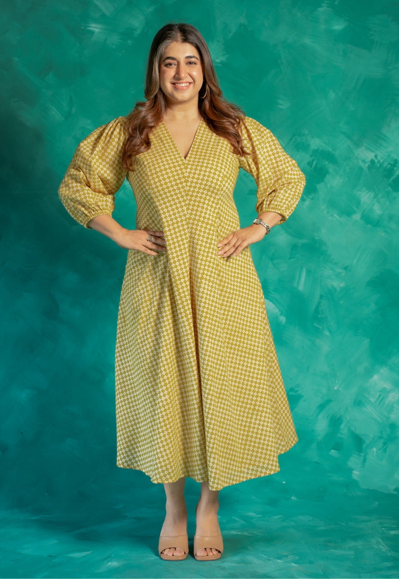 Eyza Yellow Bagru Cotton A Line Dress