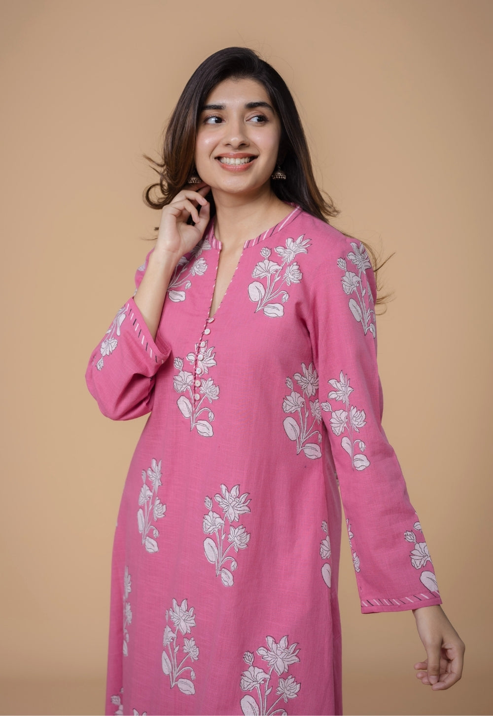 Eshika Pink Dabu Slub Cotton A Line Kurta