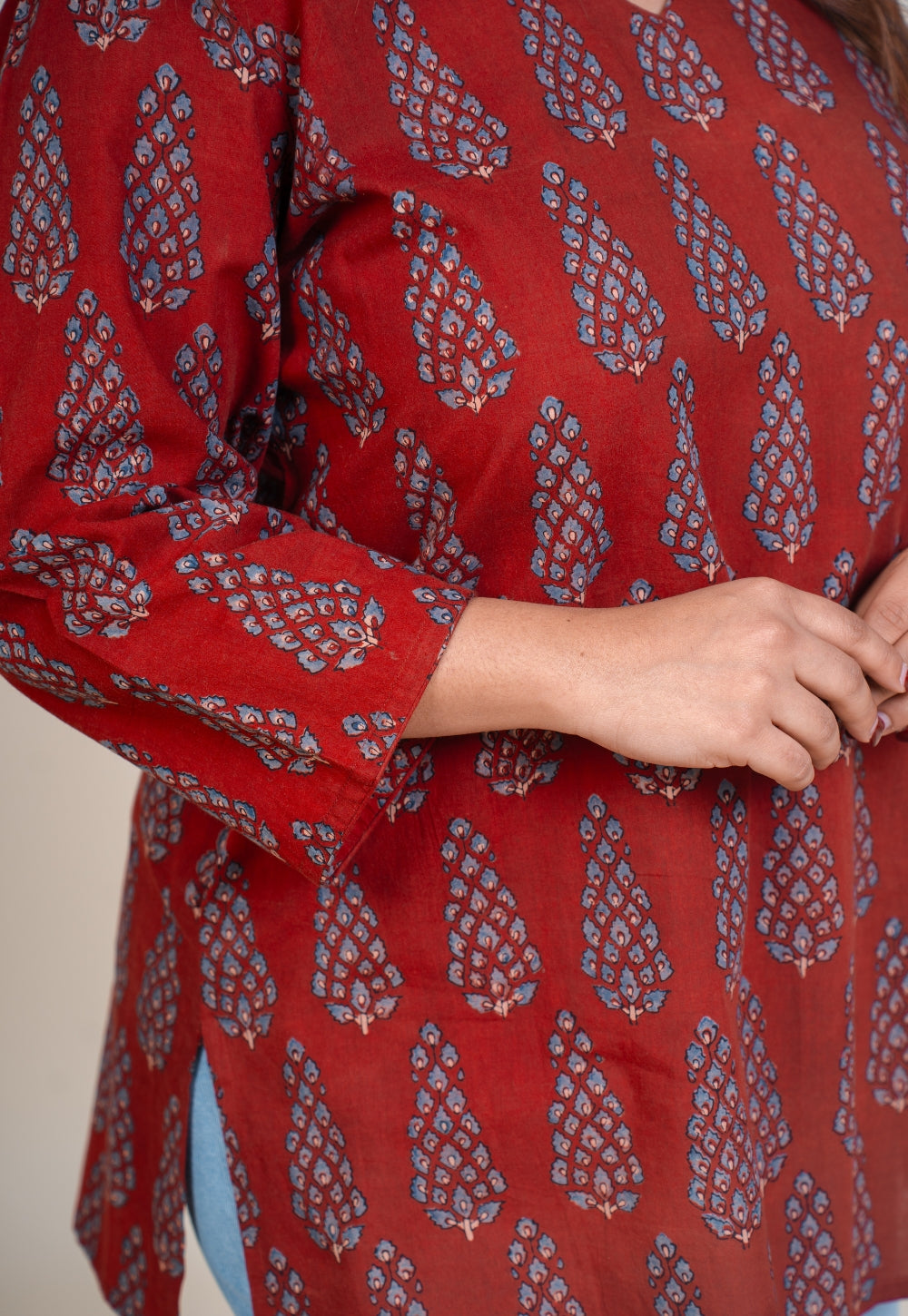 Sahar Red Ajrakh Cotton Straight Short Top