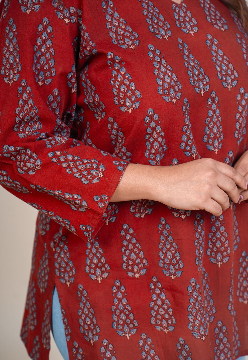 Sahar Red Ajrakh Cotton Straight Short Top