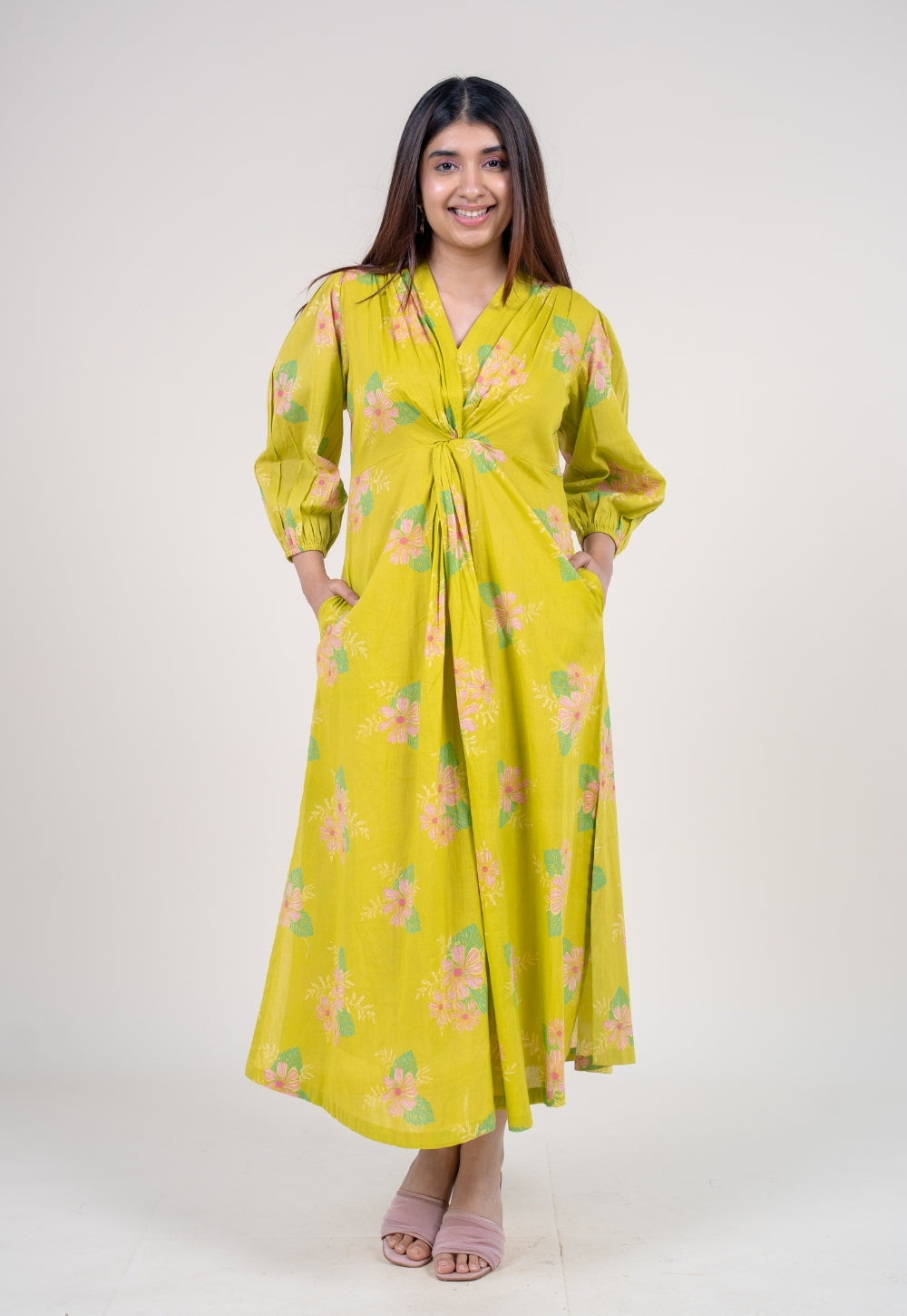 Payal Lime Green Printed Mul A Line Dress with Slip