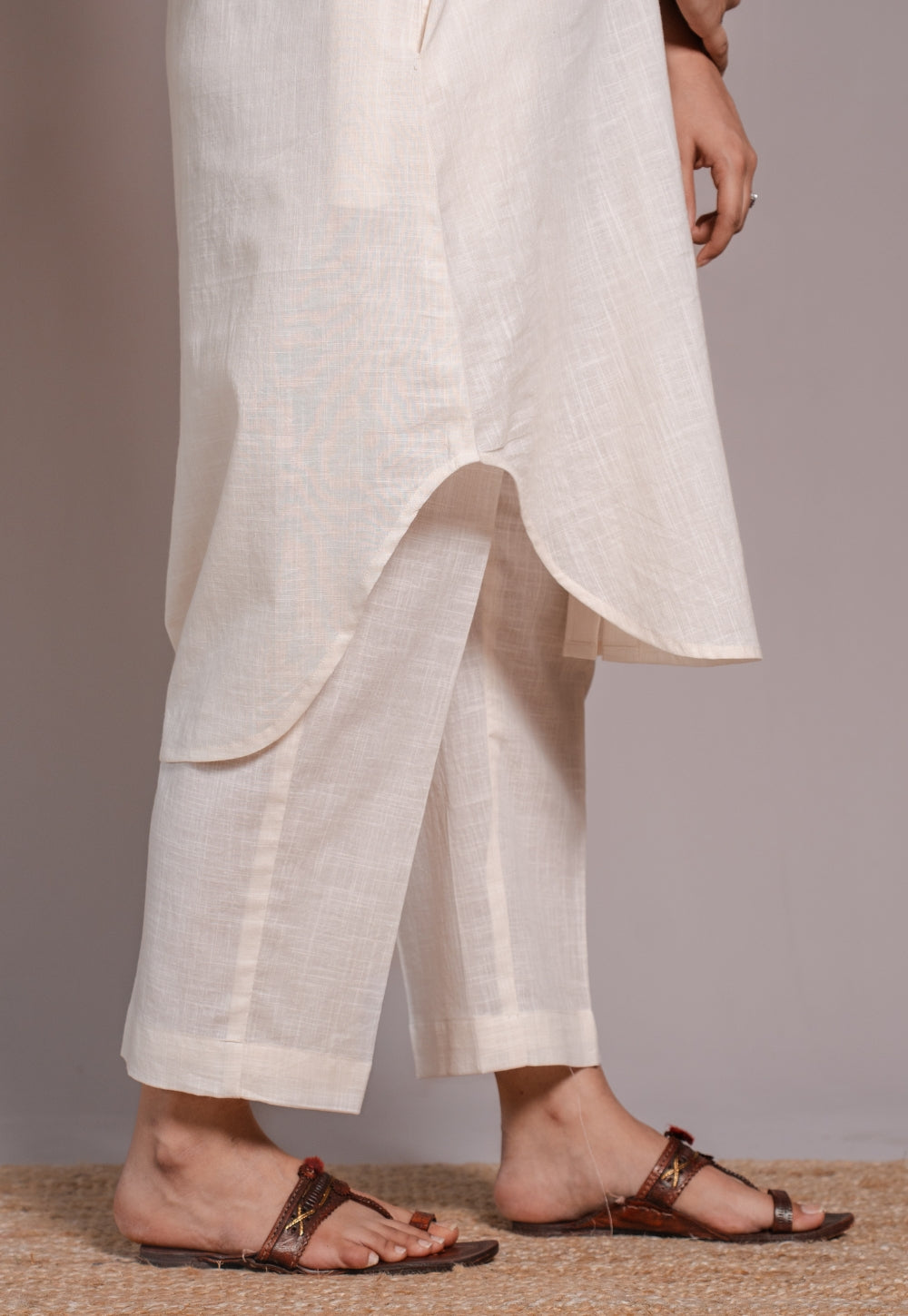 Off White Solid Slub Cotton Straight Co-Ord Set- DyeVerse