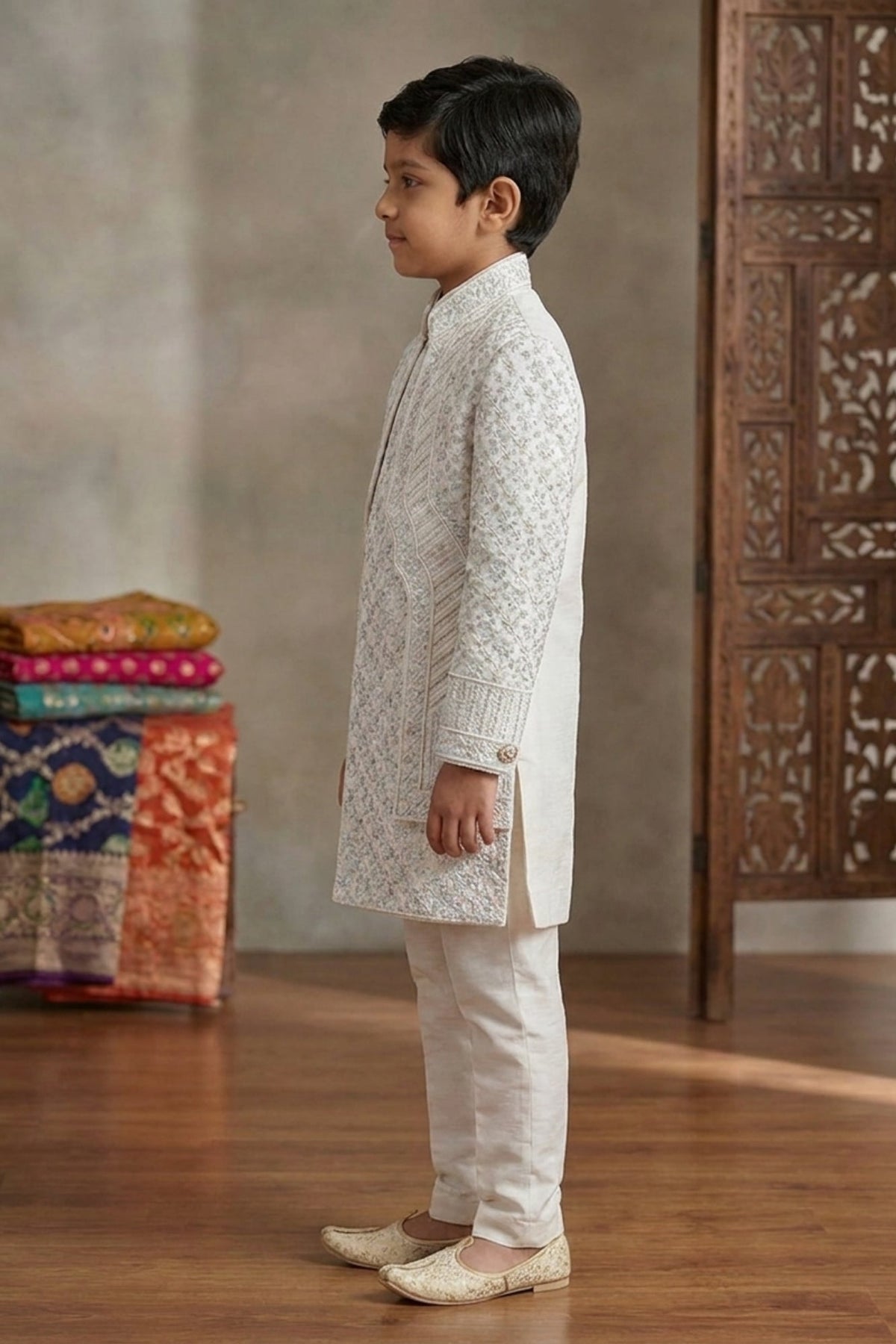 White Embroidered Indo Western Sherwani Set For Boys