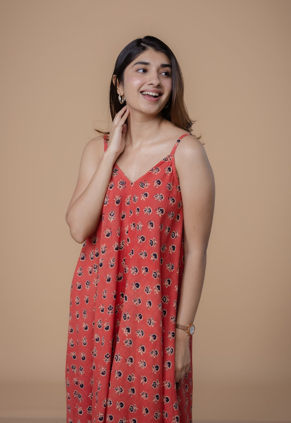 Sonam Orange Dabu Slub Cotton A Line Dress
