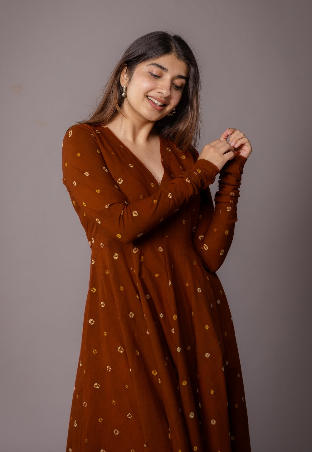 Amaya Brown Bandhani Cotton Kali Kurta with Embroidery
