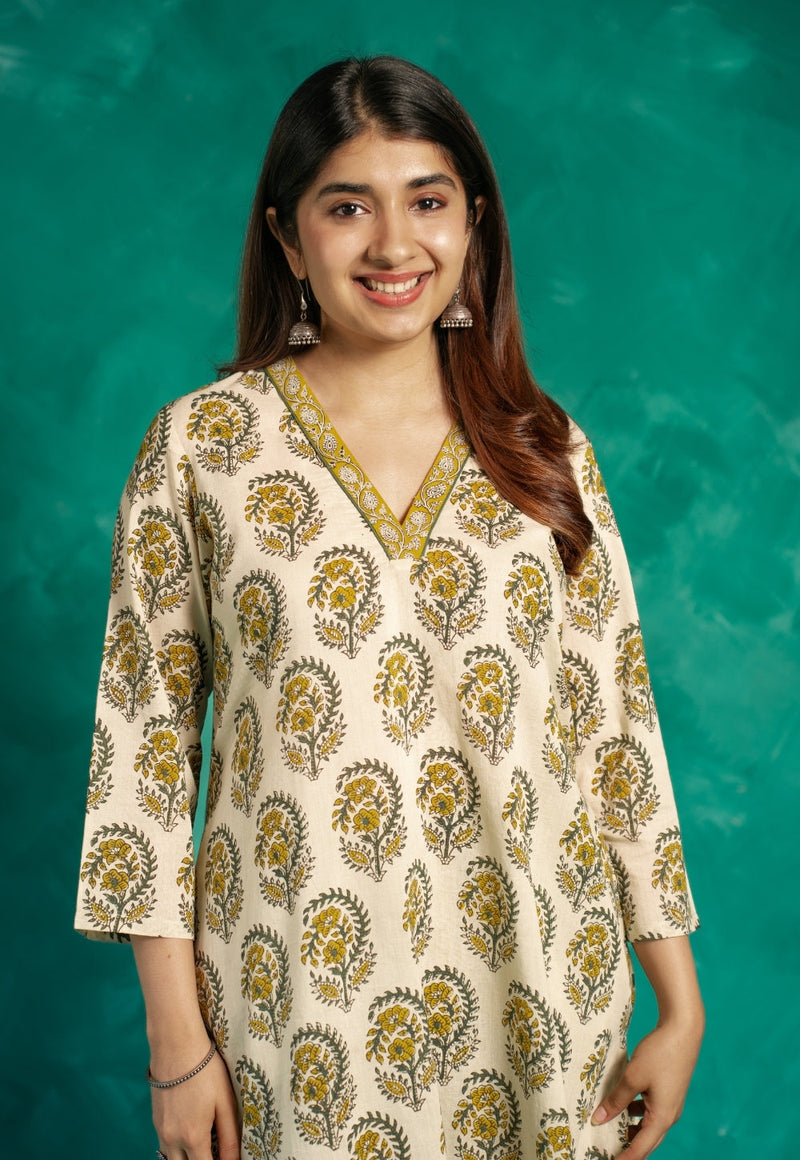Vinita Yellow Bagru Cotton A Line Kurta