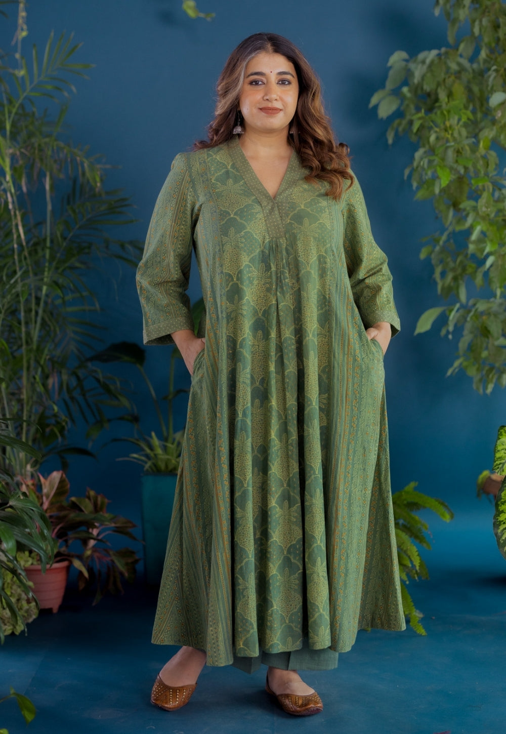 Ketki Green Ajrakh Cotton Kali Kurta
