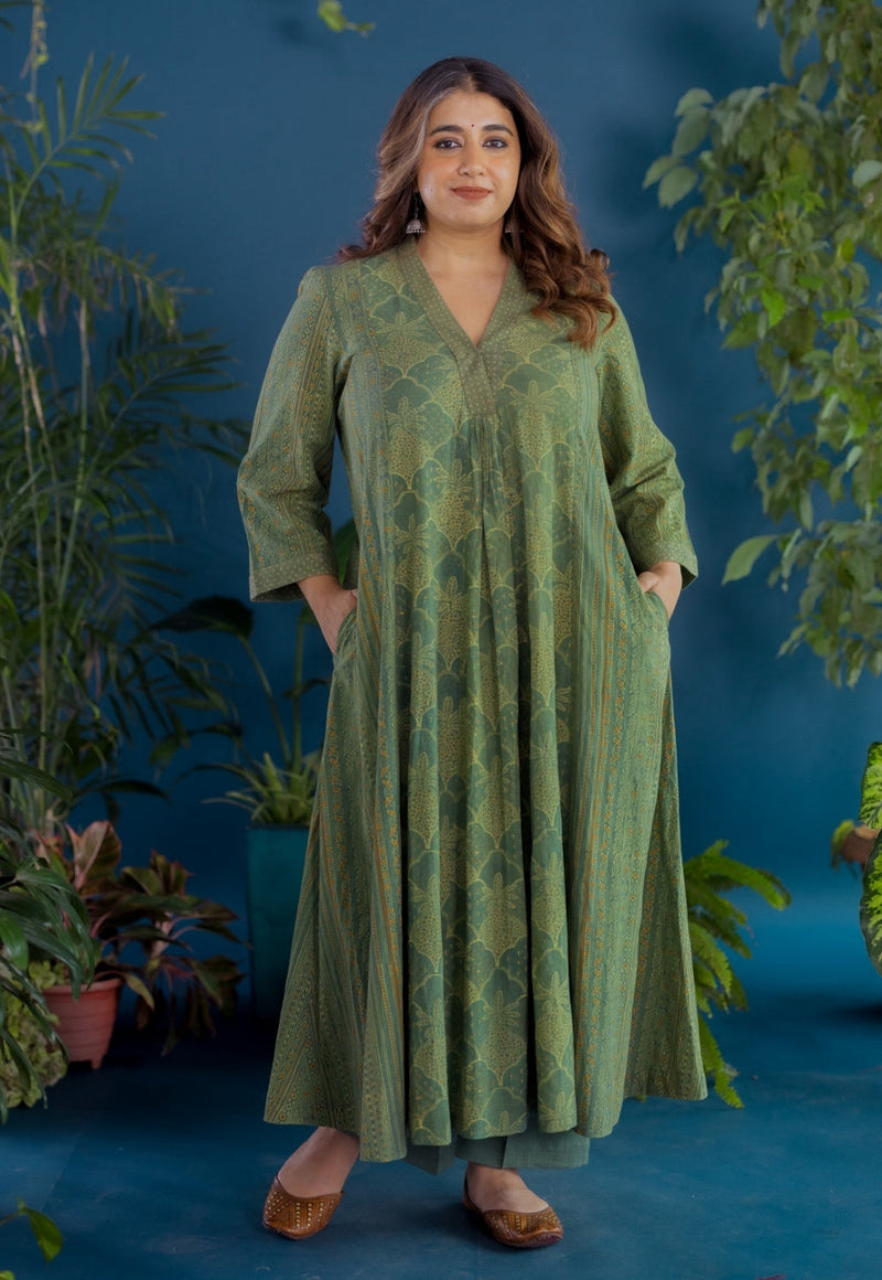 Ketki Green Ajrakh Cotton Kali Kurta