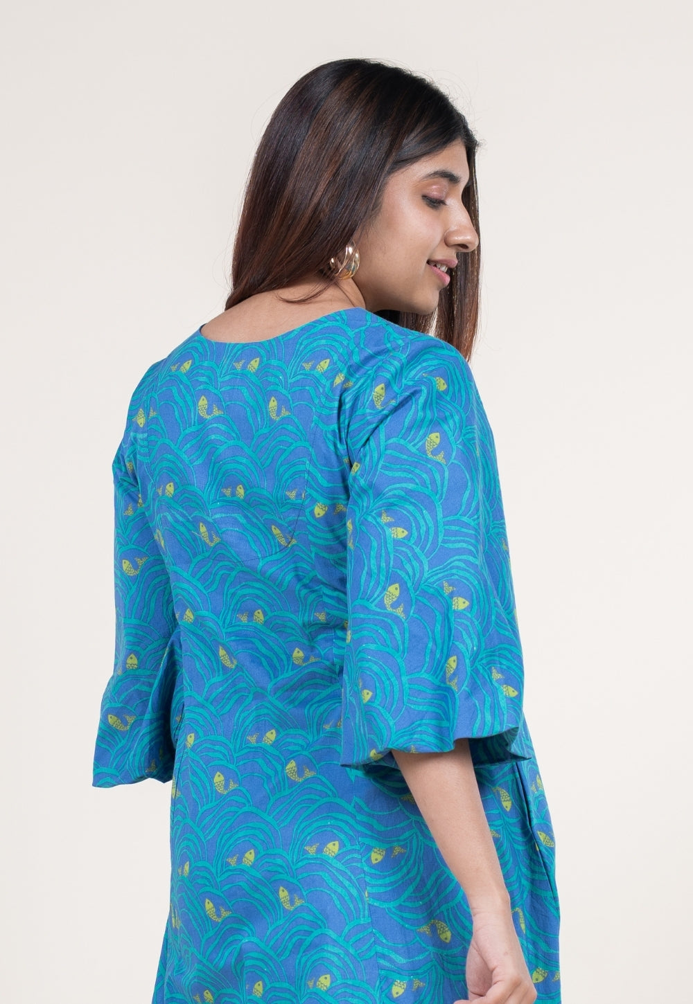 Tanisha Ink Blue Printed Cotton A Line Dress